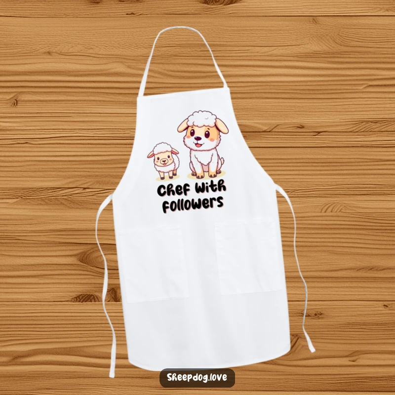 Funny Sheepdog apron featuring a pleased dog with sheep following, ideal for adding a touch of leadership humor to your cooking.