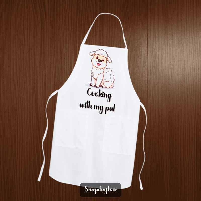 Funny sheepdog apron showing a proud sheepdog alongside a fluffy sheep, bringing farm charm to the kitchen.