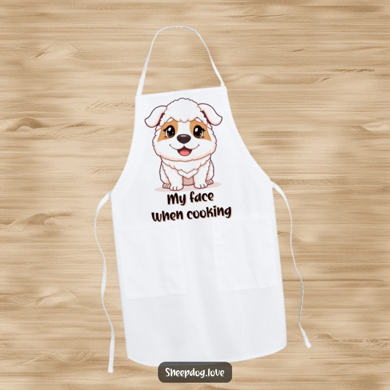 Funny sheepdog’s happy, determined face is emblazoned on a practical kitchen apron for humorous cooking.