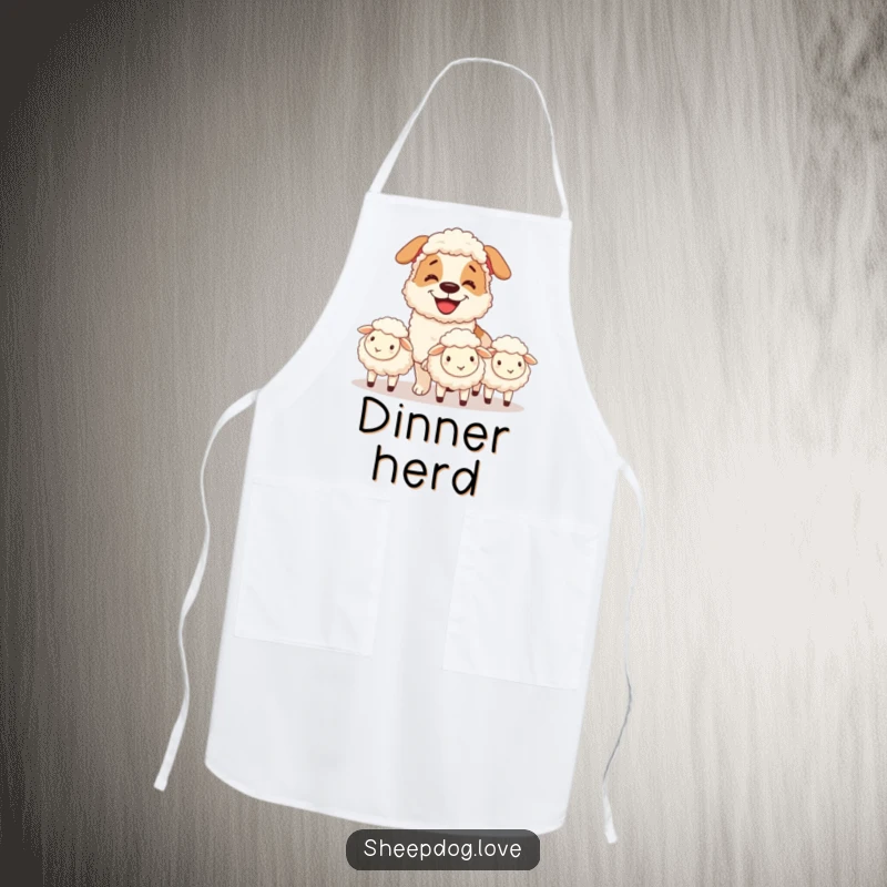 Funny chef apron with a grinning sheepdog herding sheep, ideal for kitchen use and humorous cooking sessions.