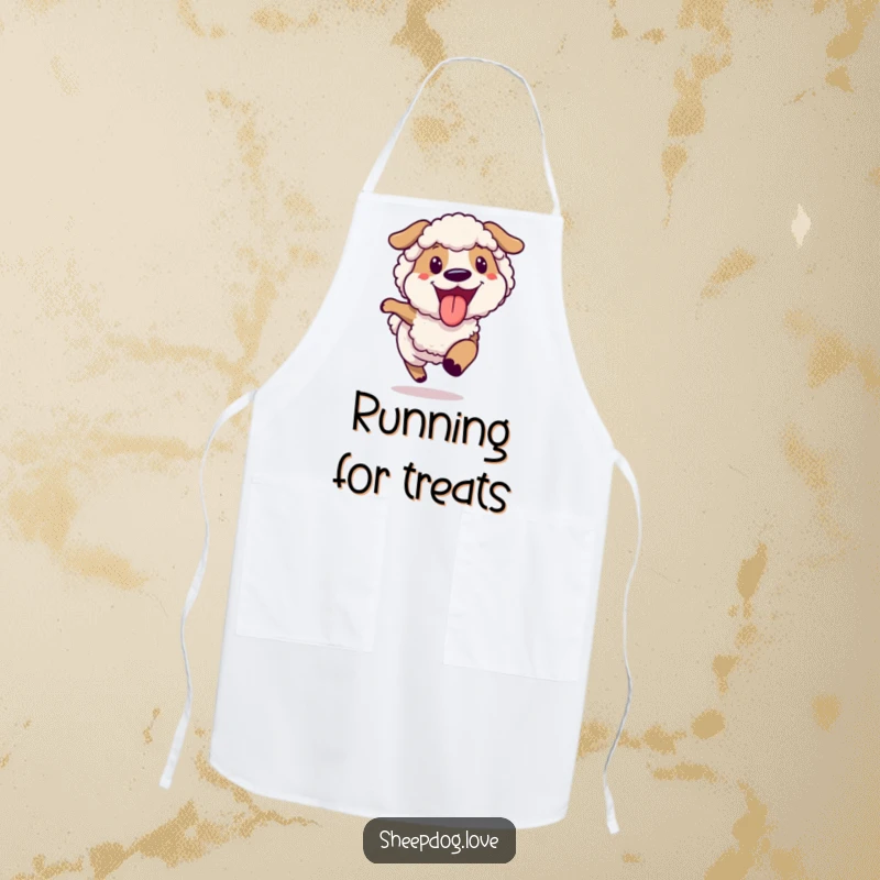 Funny joyful sheepdog running apron, a happy dog running with its tongue hanging out.