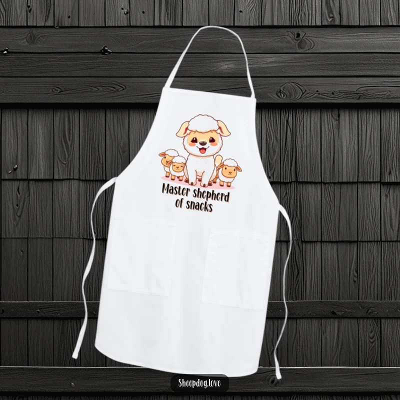 Funny sheepdog apron, depicting a proud dog wagging its tail while contentedly watching its sheep flock.
