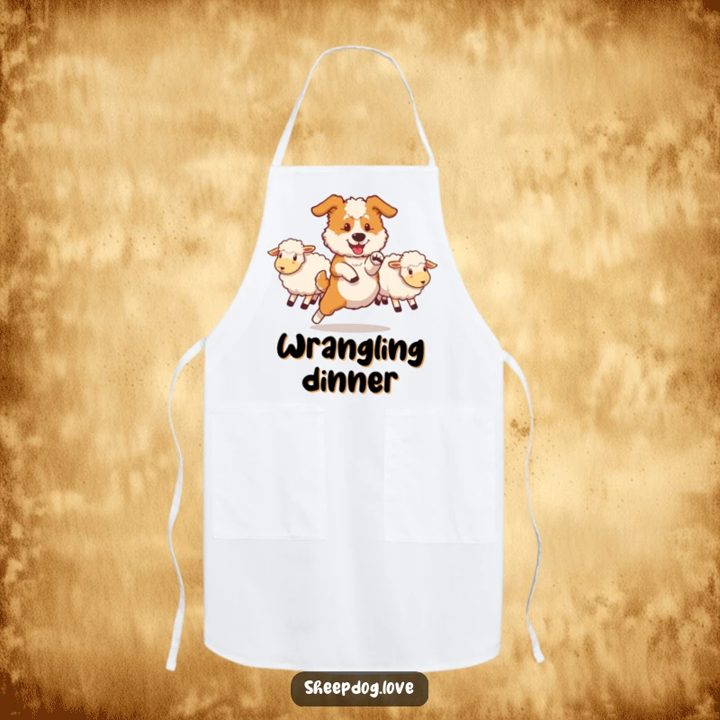 Funny sheepdog apron showing a dog performing a swift maneuver to redirect sheep, perfect for a fun and efficient cooking experience.