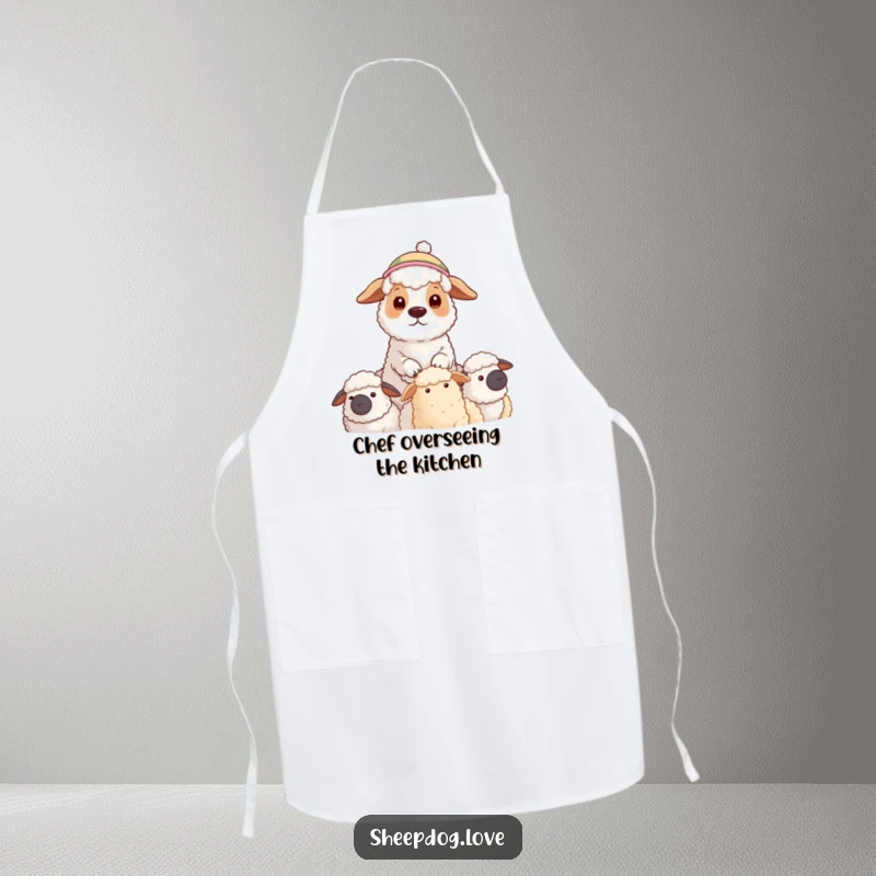 Funny apron with a sheepdog wearing a hat watching its flock, ideal for cooks who enjoy humor and a watchful approach.