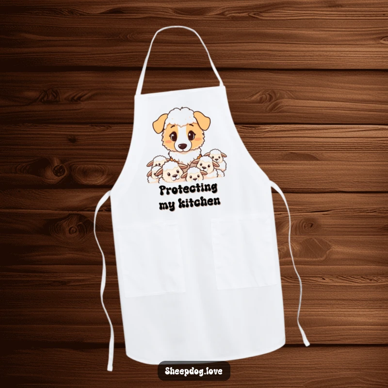 Funny sheepdog apron showing a determined sheepdog keeping a close watch, perhaps over a cooking pot.