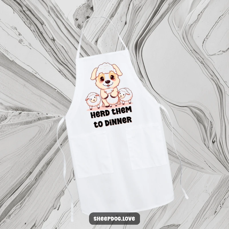 Funny sheepdog apron depicting a playful herding dog with a focused gaze rounding up sheep, perfect for a humorous kitchen experience.