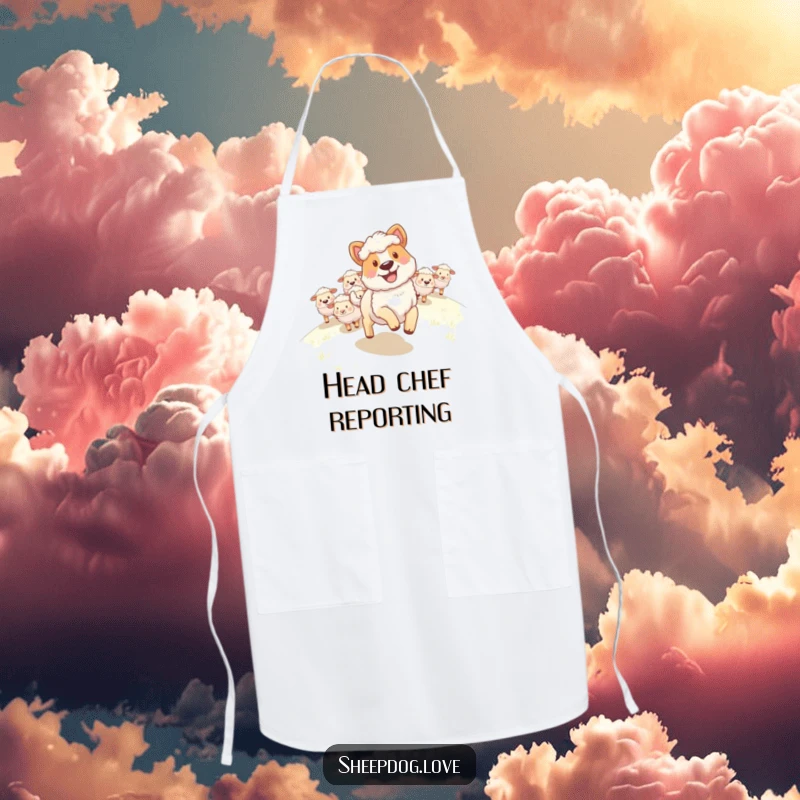 Funny Sheepdog Apron: A happy sheepdog with a grin leading a flock of sheep uphill while you cook.