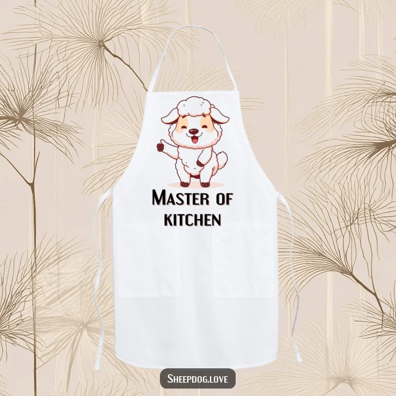 Funny sheepdog apron showcasing a proud dog wagging its tail, perfect for a fun and dedicated cooking experience.