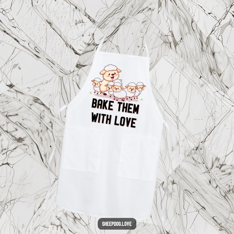 Funny sheepdog apron depicting a fluffy herding dog joyfully guiding sheep, perfect for a humorous and protective kitchen experience.