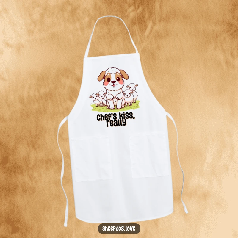 Funny sheepdog apron with a proud dog after herding sheep, ready for kitchen tasks. A delightful gift for cooks.