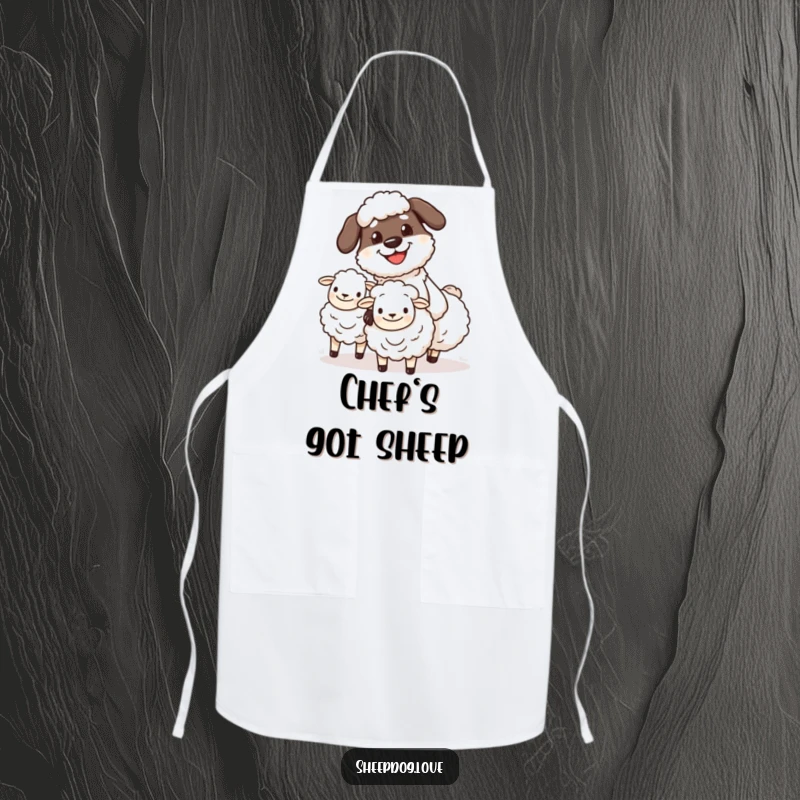 Funny sheepdog herder apron showing a determined, grinning character herding sheep, ideal for kitchen use.