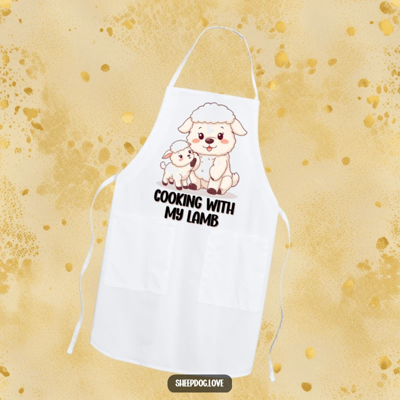 Funny sheepdog offering a paw to a lamb on an apron, ideal for cute and protective kitchen wear.