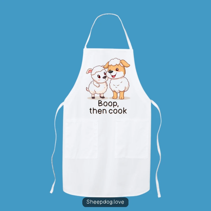 Funny Sheepdog Nudging Sheep Apron, Hilarious Farm Kitchen Wear