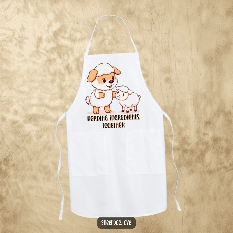 Funny Sheepdog Apron: A durable apron depicting a sheepdog gently nudging a stray sheep, ideal for kitchen humor.