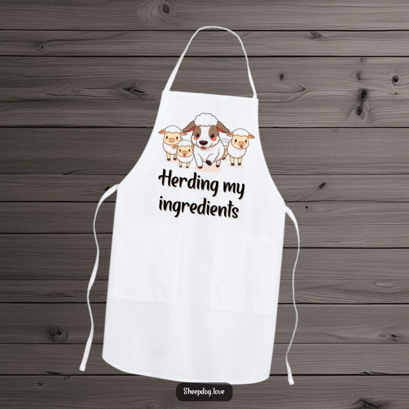Funny sheepdog with a determined look, herding sheep while a chef prepares food on a humorous kitchen apron.