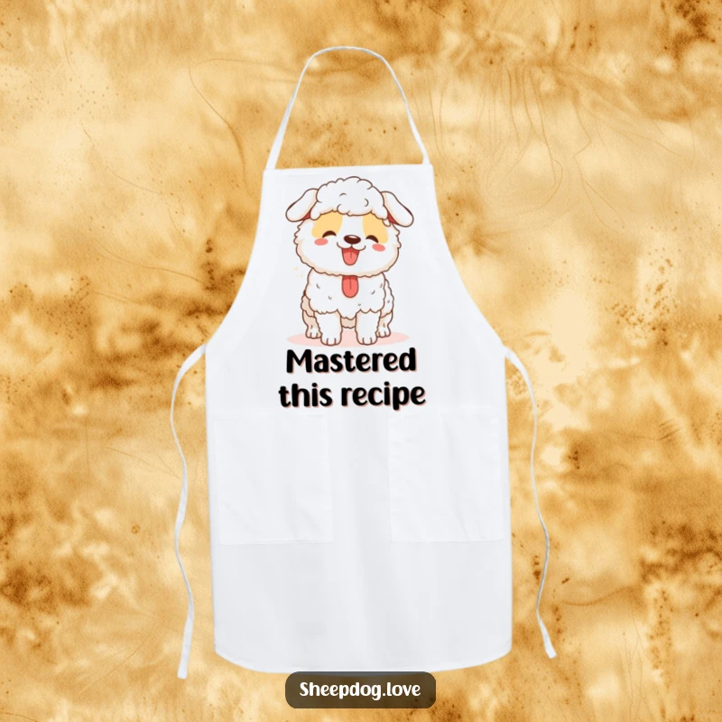 Funny sheepdog apron featuring a happy panting herder dog, perfect for kitchen use and a humorous gift.