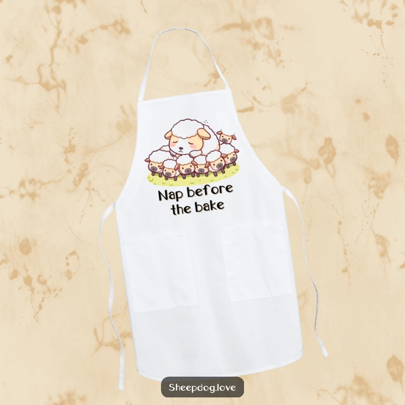 Funny Sheepdog Apron showing a sheepdog dreaming amongst sheep, perfect for a peaceful and humorous kitchen experience.