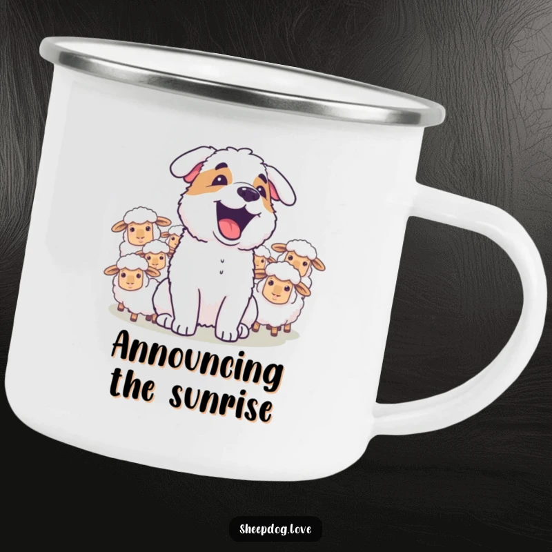 Funny sheepdog joyfully barking at sheep on a durable camping mug, ready for any outdoor escapade.