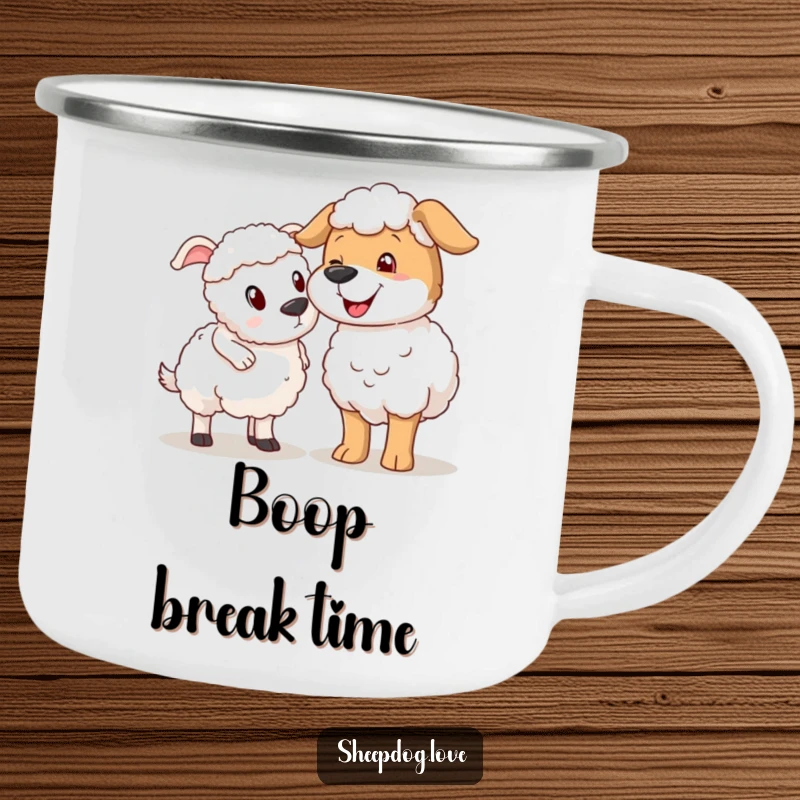 Funny sheepdog nudging sheep camping mug, depicting a dog playfully nudging a surprised sheep.