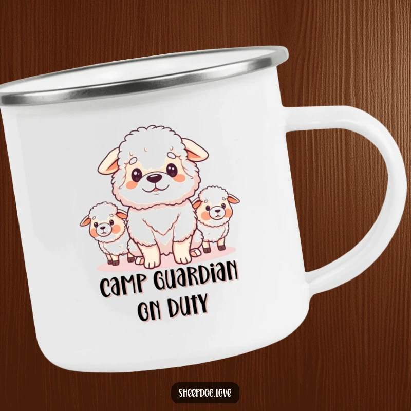 Funny camping mug featuring a fluffy sheepdog looking proudly at its flock, perfect for outdoor enjoyment and funny moments.