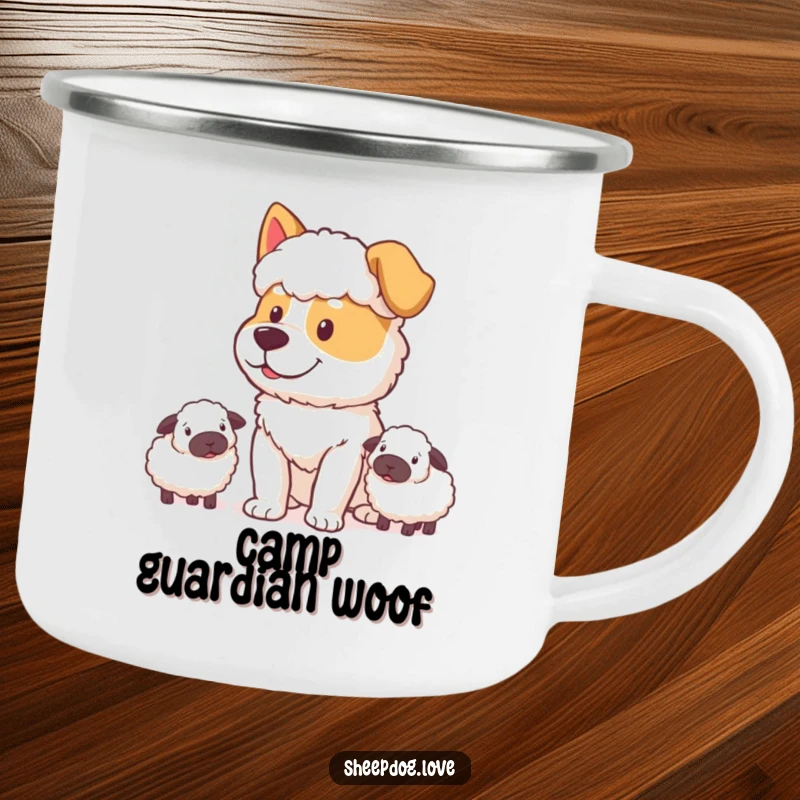 Funny Sheepdog Camping Mug: Sheepdog with a determined, happy expression watching sheep, perfect for outdoor duty.