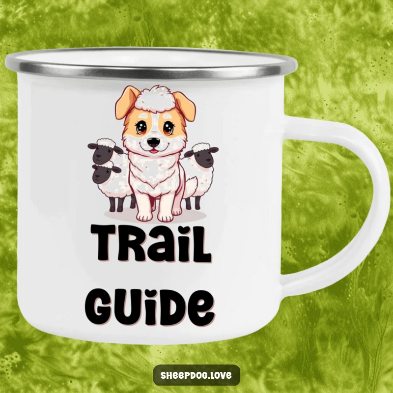 Funny camping mug featuring a determined sheepdog guiding sheep during an outdoor adventure.