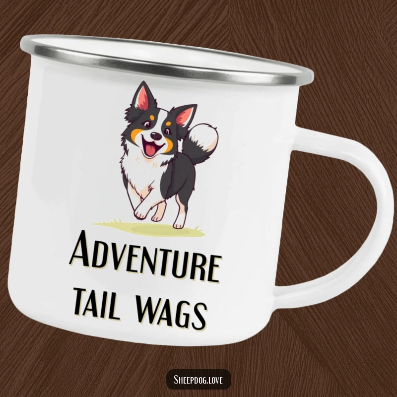 Funny border collie camping mug featuring an enthusiastic herding dog with a wagging tail, ideal for enjoying beverages outdoors with humor.