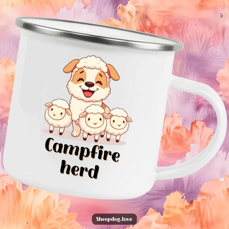 Funny camping mug with a grinning sheepdog herding sheep, durable and humorous for outdoor enthusiasts.