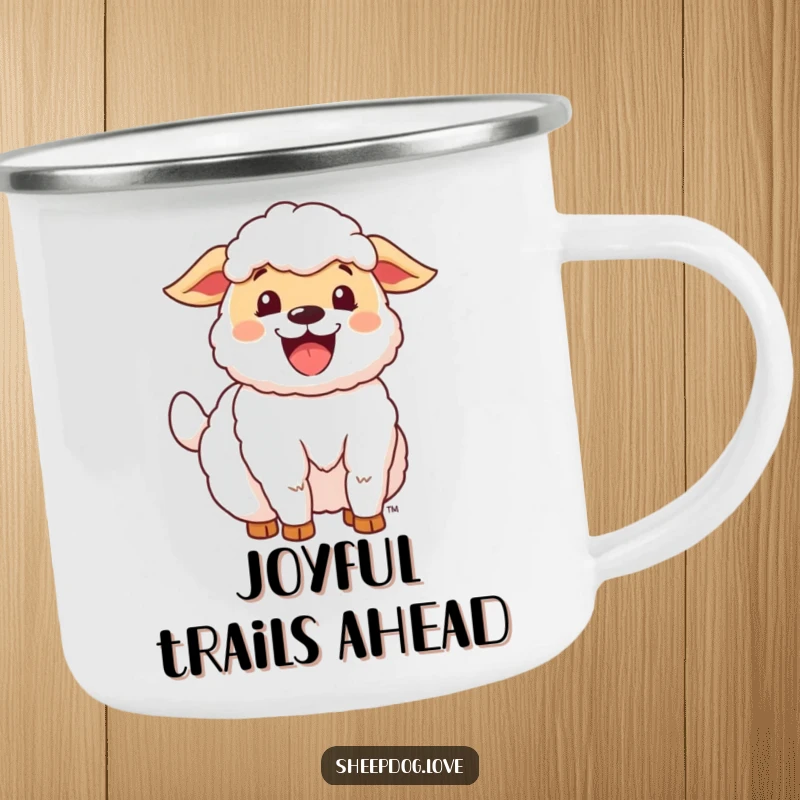 Funny Happy Sheepdog Camping Mug showing a joyful sheepdog with its tail wagging enthusiastically, perfect for outdoor drinks.
