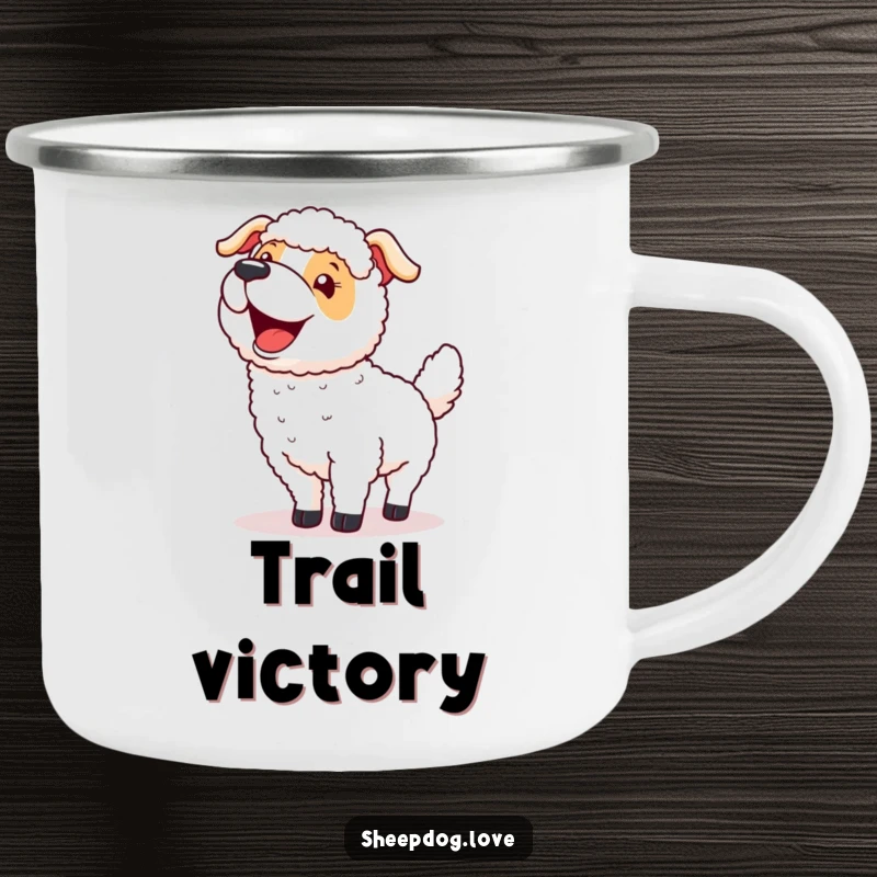 Funny camping mug with a sheepdog wagging its tail excitedly after a successful round-up, durable and humorous for outdoor enthusiasts.