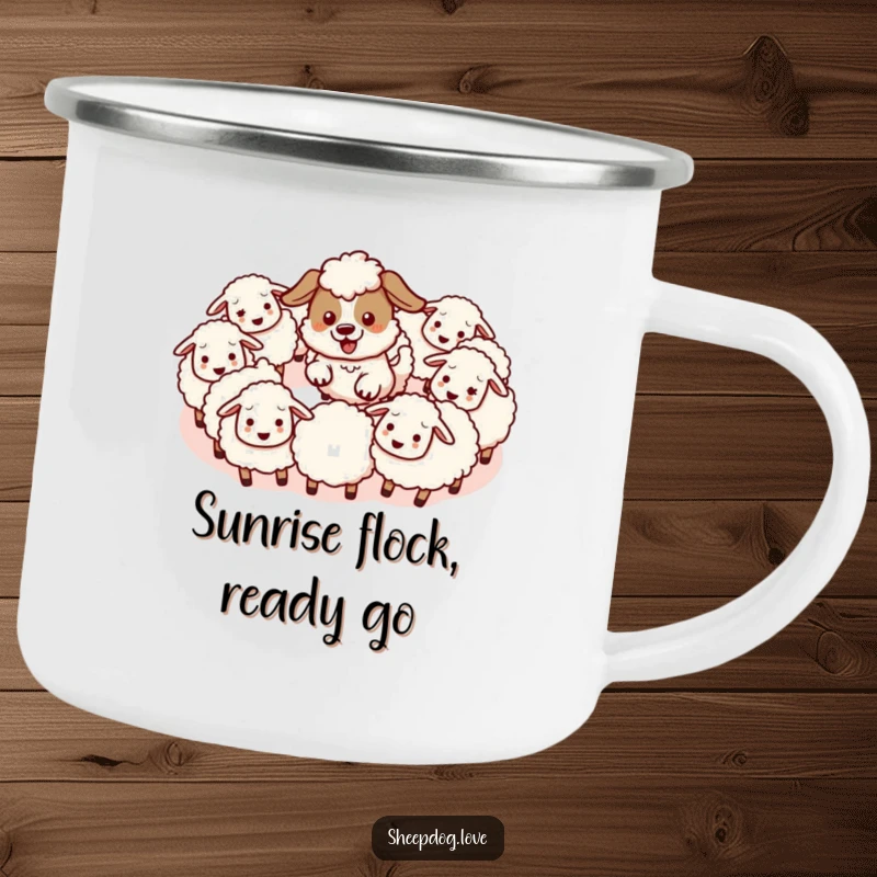 Funny camping mug featuring an energetic kawaii sheepdog herding fluffy sheep in a circle, perfect for outdoor activities and humor.
