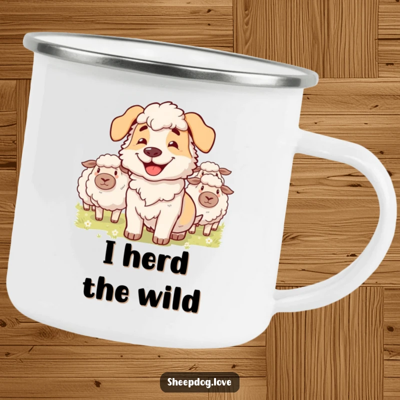 Funny camping mug featuring a grinning sheepdog expertly herding fluffy sheep, perfect for outdoor adventures.