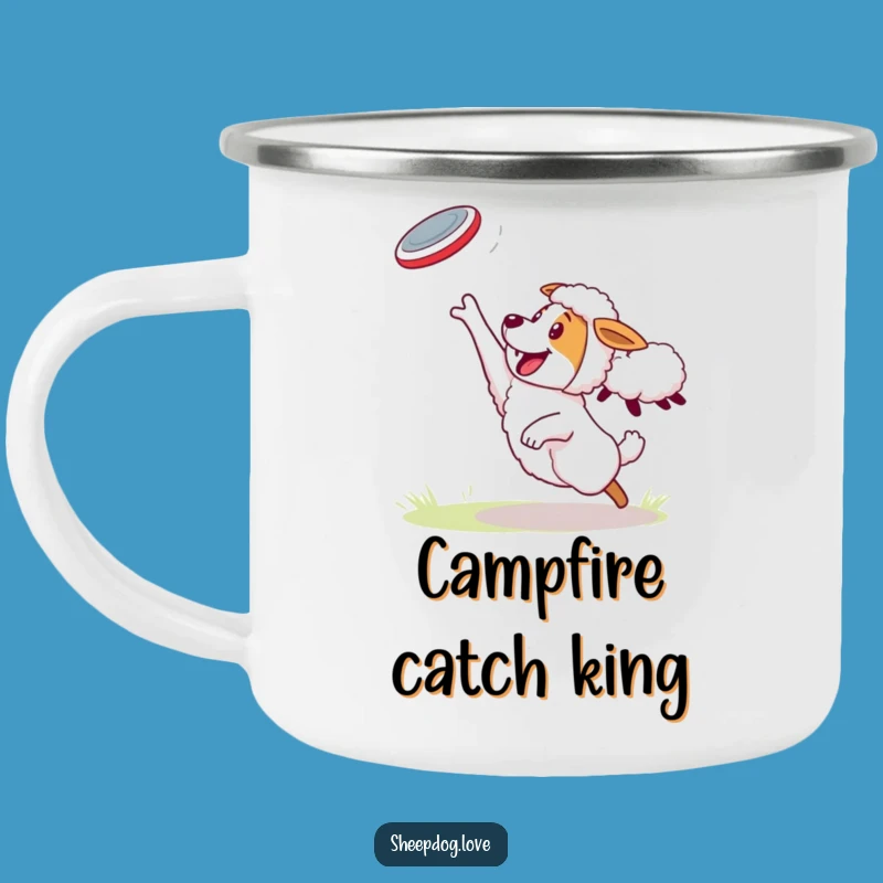 Funny Sheepdog Camping Mug: Energetic Frisbee Catch, Durable and Hilarious Drinkware