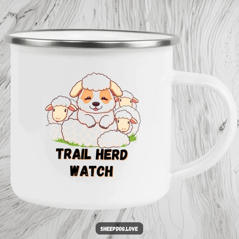 Funny sheepdog camping mug showing a resting sheepdog and sheep, perfect for outdoor adventures and humorous sipping.