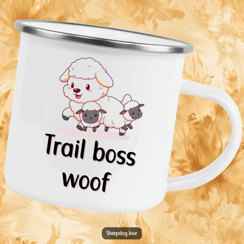 Funny Sheepdog Camping Mug: Fluffy sheepdog playfully herding tiny, bouncing sheep, perfect for outdoor enthusiasts.