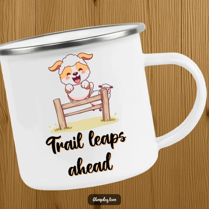 Funny sheepdog character leaping over a fence, sheep in background, sturdy camping mug.
