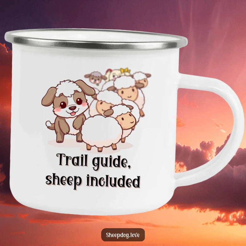 Funny sheepdog camping mug showing a playful sheepdog acting as a guide, helping a sheep navigate the trail.