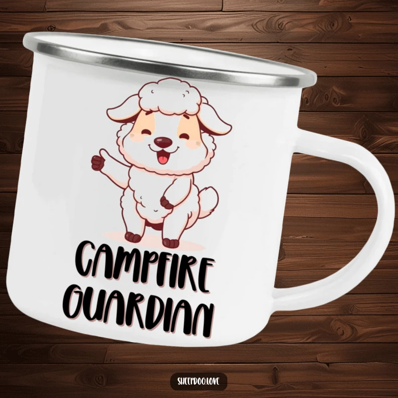 Funny sheepdog camping mug featuring a proud dog wagging its tail, perfect for enjoying beverages outdoors with a loyal companion.