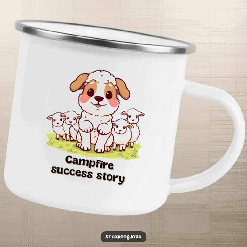 Funny sheepdog camping mug with a proud dog after herding sheep, designed for outdoor celebrations. A perfect gift for hikers.
