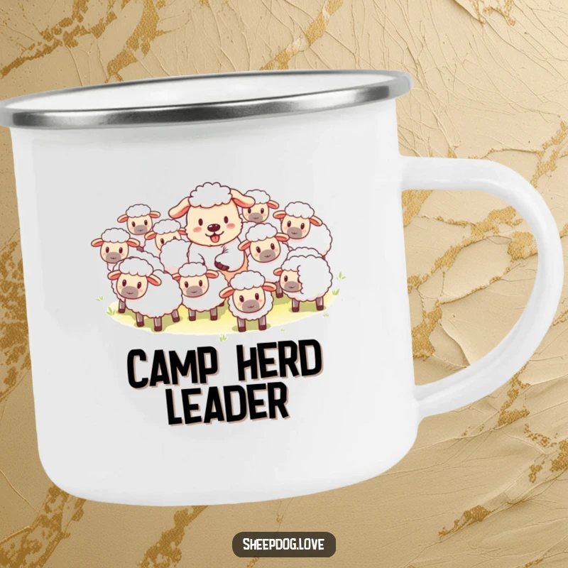 Funny camping mug featuring a happy sheepdog herding fluffy sheep during an outdoor adventure.