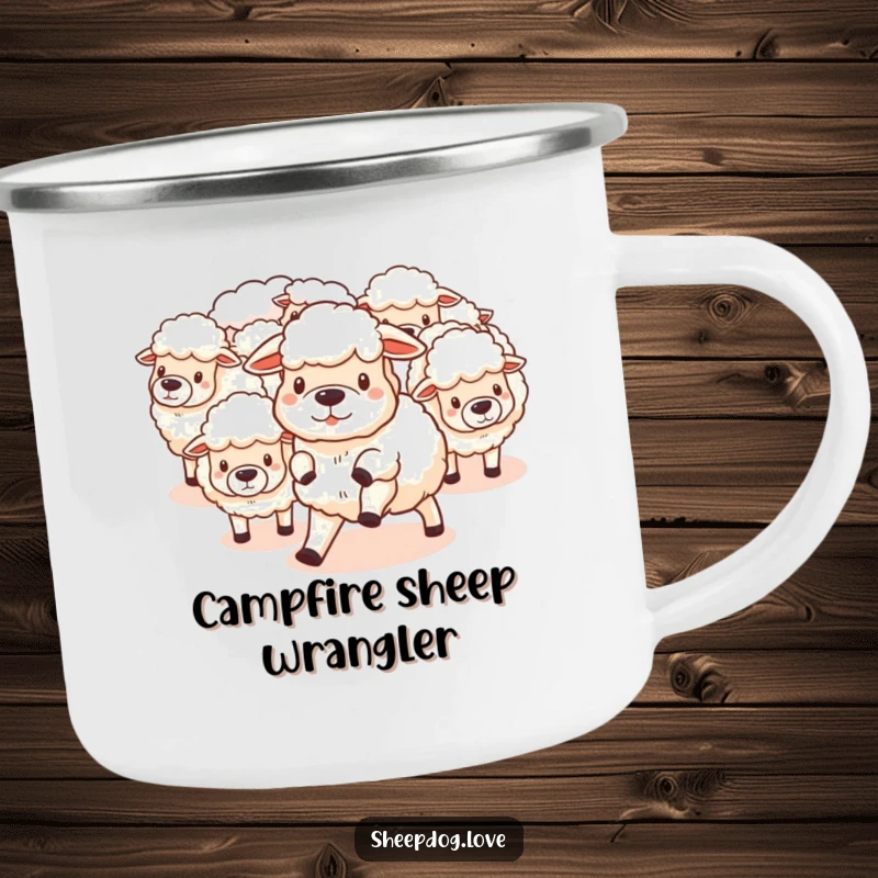 Funny Camping Mug: Sheepdog herding fluffy sheep, embodying farm fun and humor, perfect for camping trips and as a funny gift.