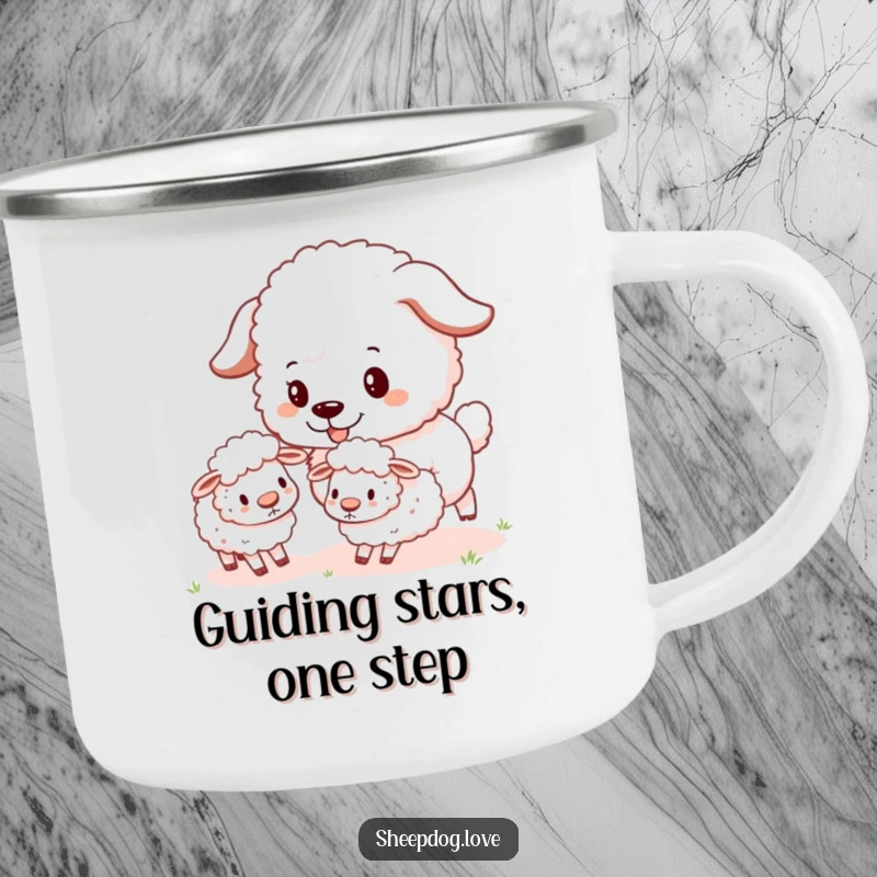 Funny Sheepdog Camping Mug showing a fluffy sheepdog playfully herding sheep, perfect for enjoying drinks outdoors.