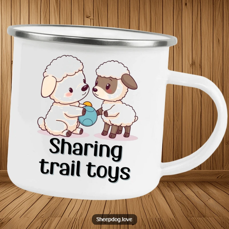 Funny sheepdog character presenting a toy to a curious lamb, sturdy camping mug.