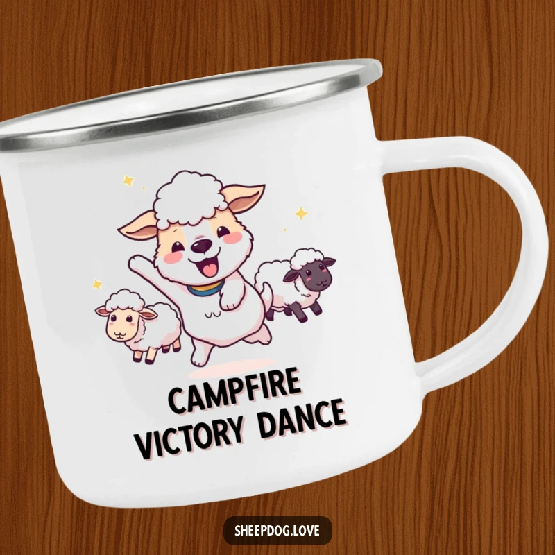 Funny happy sheepdog doing a victory spin with sheep in tow on a camping mug, ideal for outdoor wins.