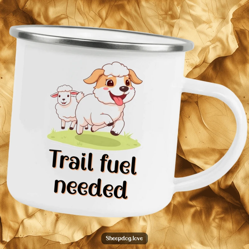 Funny Sheepdog camping mug showing a happy dog with its tongue out, running near sheep, ready for outdoor fun and drinks.