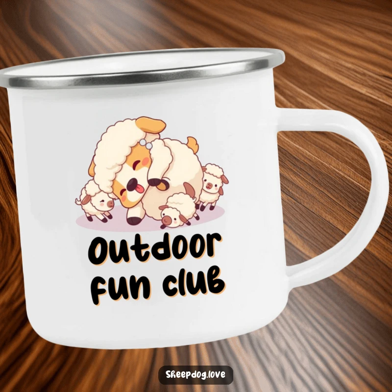 Funny Sheepdog Camping Mug: Sheepdog doing a playful tumble surrounded by little sheep, perfect for outdoor fun.