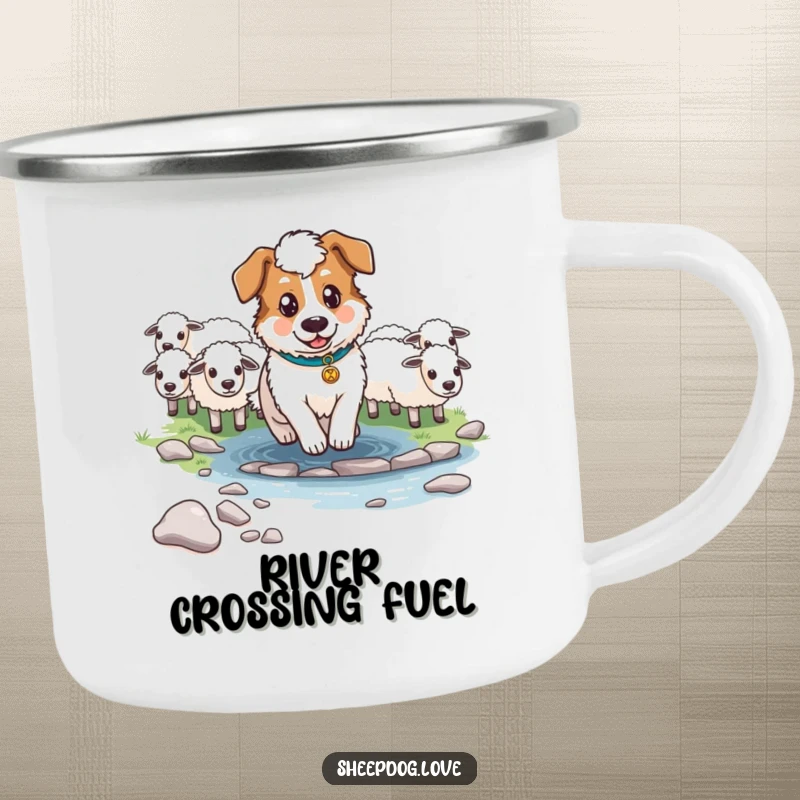 Funny Determined Sheepdog Camping Mug illustrating a sheepdog guiding sheep across a stream, perfect for outdoor challenges.