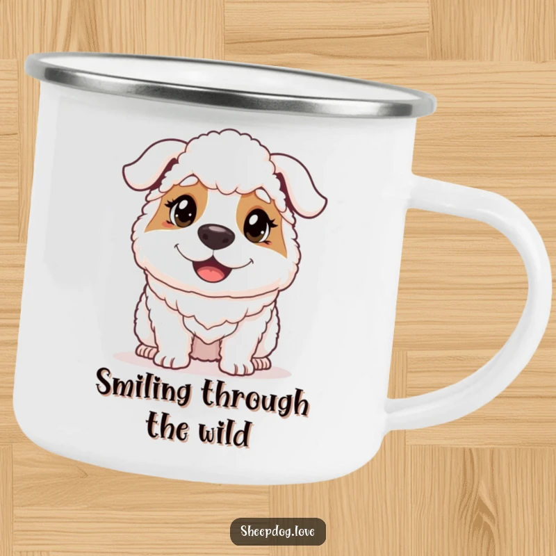 Funny sheepdog’s determined and happy face on a durable camping mug, ready for any trail.