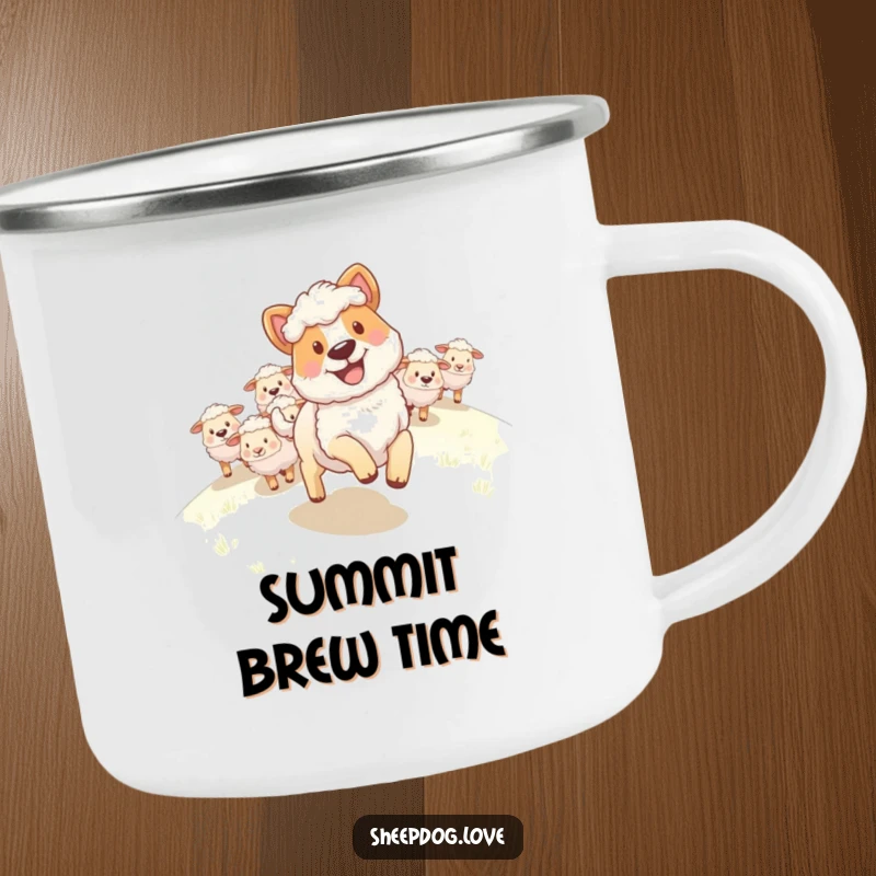 Funny Sheepdog Camping Mug: A happy sheepdog with a grin leading a flock of sheep uphill, ready for outdoor fun.