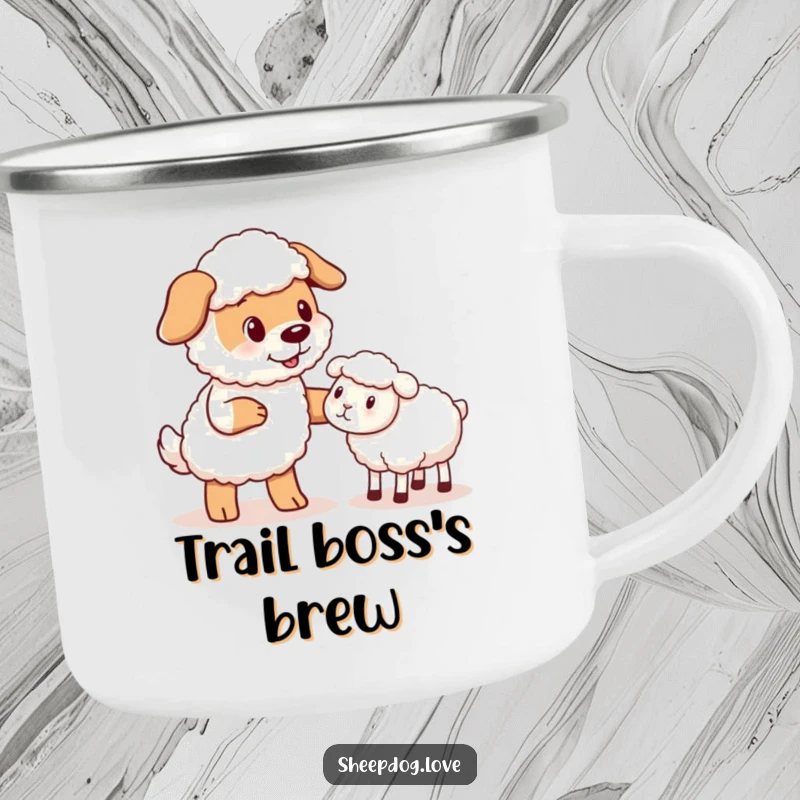 Funny Sheepdog Camping Mug: A sturdy camping mug featuring a sheepdog gently nudging a stray sheep, for outdoor enthusiasts.
